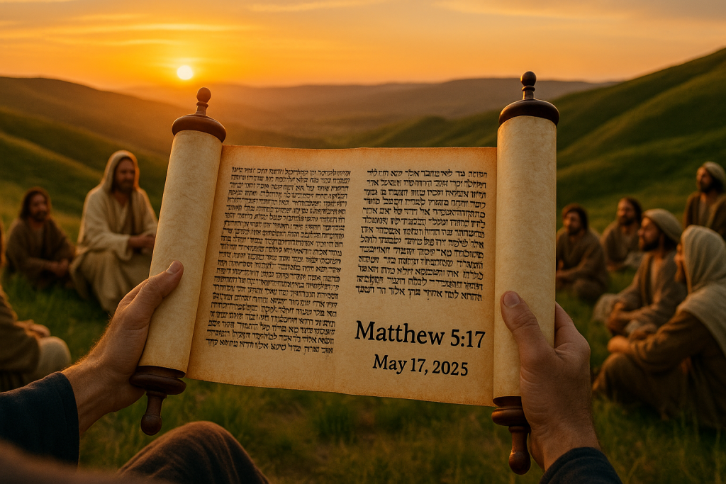 An image of a person holding an open Torah scroll on a grassy hillside at sunset, with a group of people sitting and listening in the background. The text on the scroll reads “Matthew 5:17, May 17, 2025.” Overlaid text on the image says: “5:17 on 5.17: Why Every Pronomian Should Know Matthew 5:17 – Why Matthew 5:17–20 Matters to Pronomians and is our Greatest Weapon.” The Substack URL “compatsean.substack.com” is shown at the bottom.